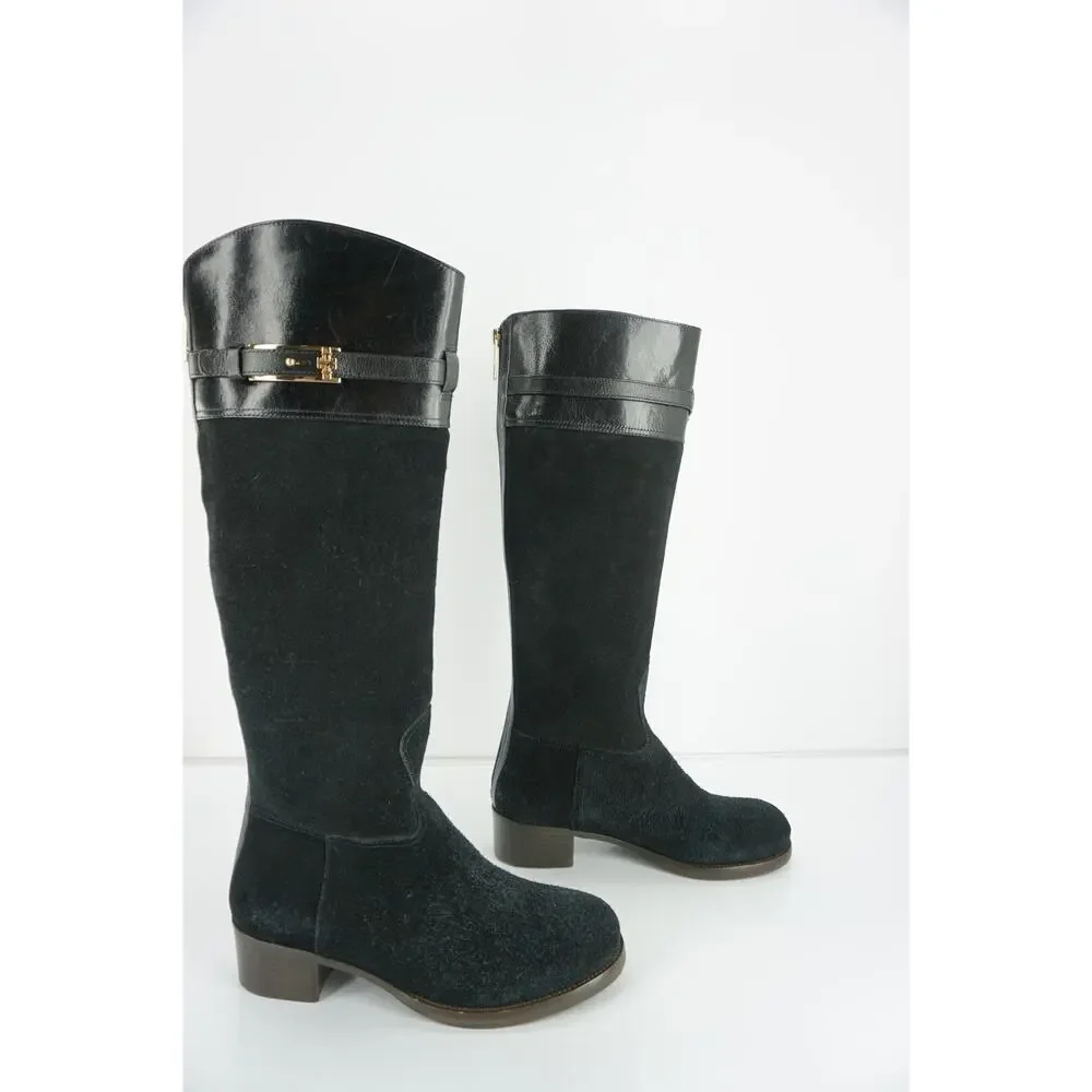 Tory Burch Black Suede Jenna Logo Tall Knee Riding Boots New